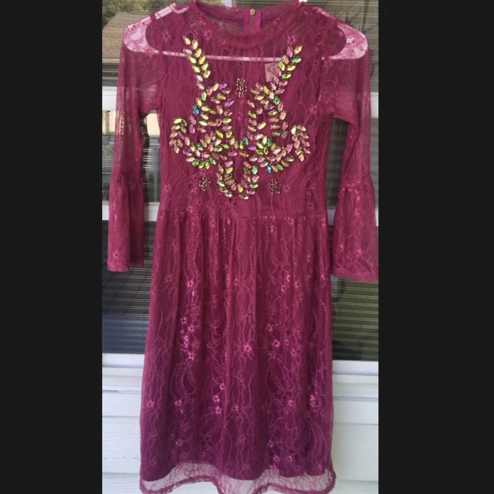 Joyfolie Lilou Dress in Berry-Size 12 Burgundy Lace Dress Embellishments RARE